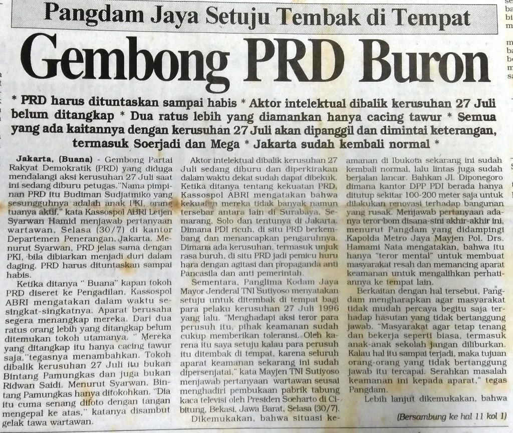 Wijithukulcom - Berita Buana, 31 Juli 1996_Hal 1 Gembong PRD Buron